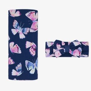 Little Sleepies Navy Swaddle Blanket & Headband Set with Pink Butterfly Print
